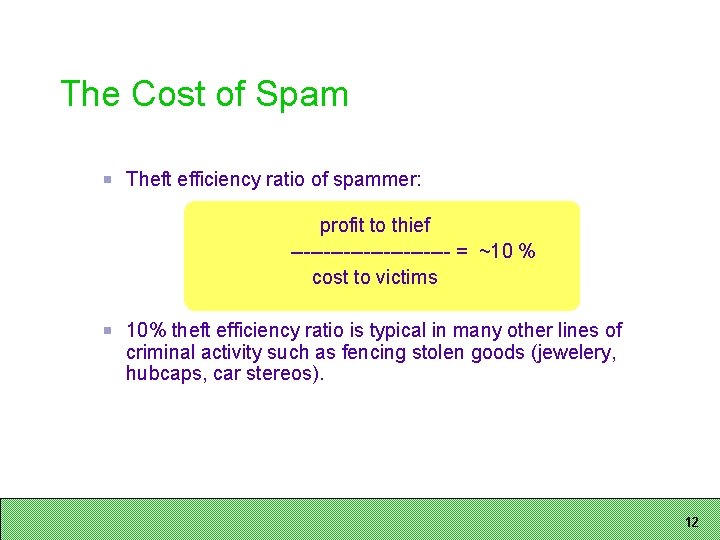 The Cost of Spam Theft efficiency ratio of spammer: profit to thief ------------ =