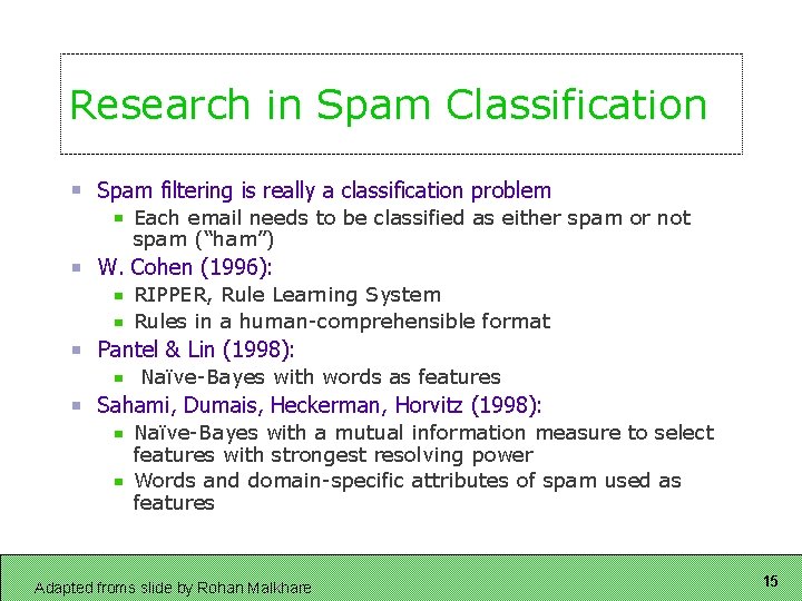 Research in Spam Classification Spam filtering is really a classification problem Each email needs