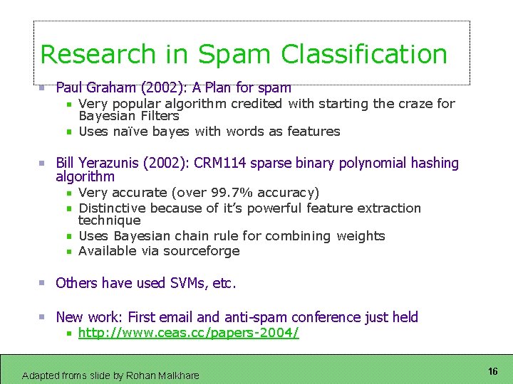 Research in Spam Classification Paul Graham (2002): A Plan for spam Very popular algorithm