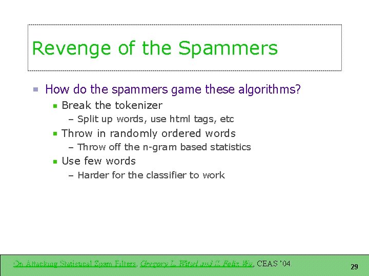 Revenge of the Spammers How do the spammers game these algorithms? Break the tokenizer