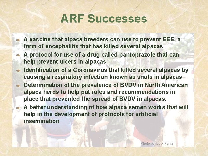 ARF Successes A vaccine that alpaca breeders can use to prevent EEE, a form