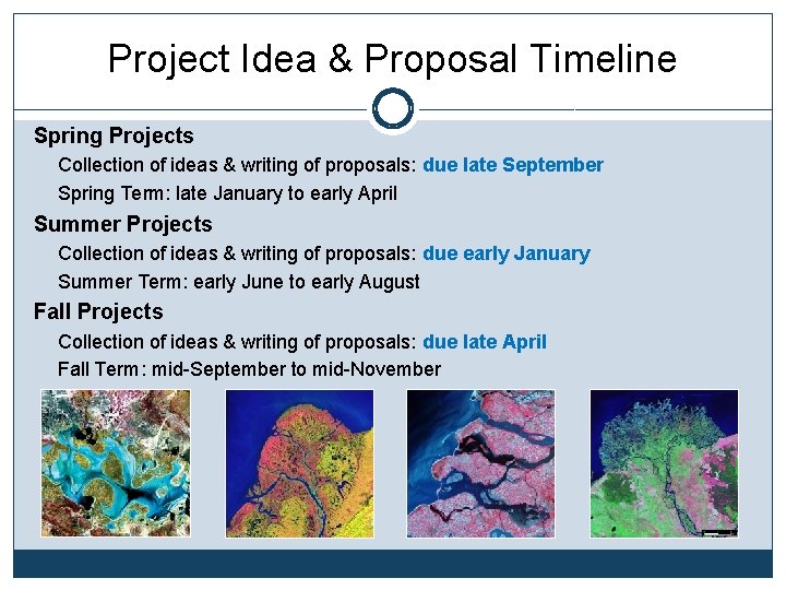 Project Idea & Proposal Timeline Spring Projects Collection of ideas & writing of proposals: