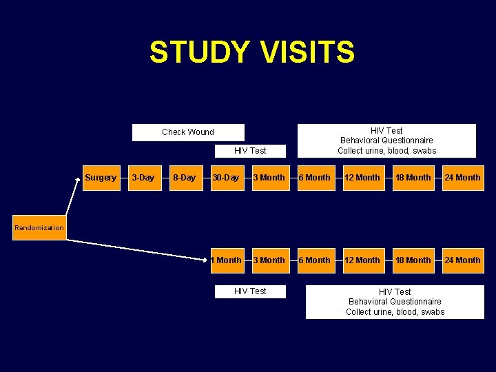 STUDY VISITS HIV Test Behavioral Questionnaire Collect urine, blood, swabs Check Wound HIV Test