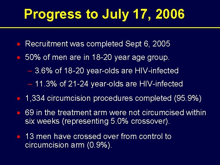 Progress to July 17, 2006 · Recruitment was completed Sept 6, 2005 · 50%