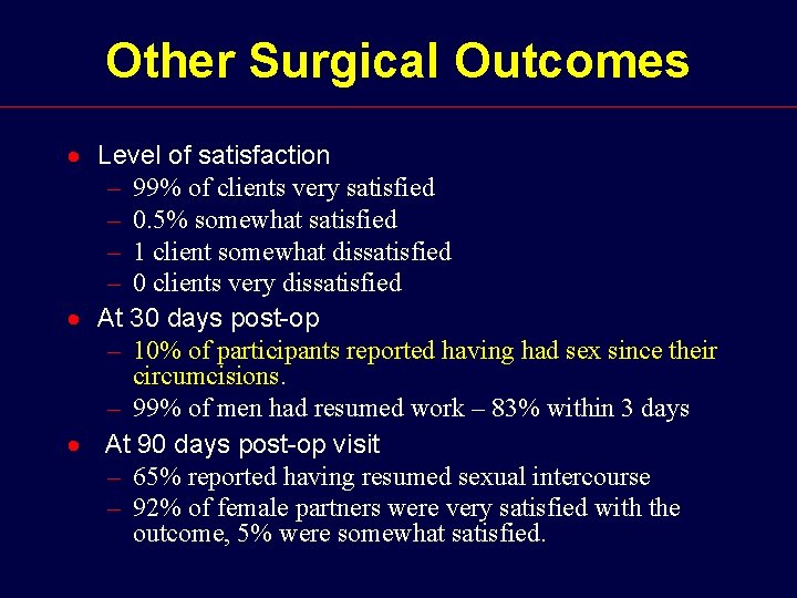 Other Surgical Outcomes · Level of satisfaction – 99% of clients very satisfied –