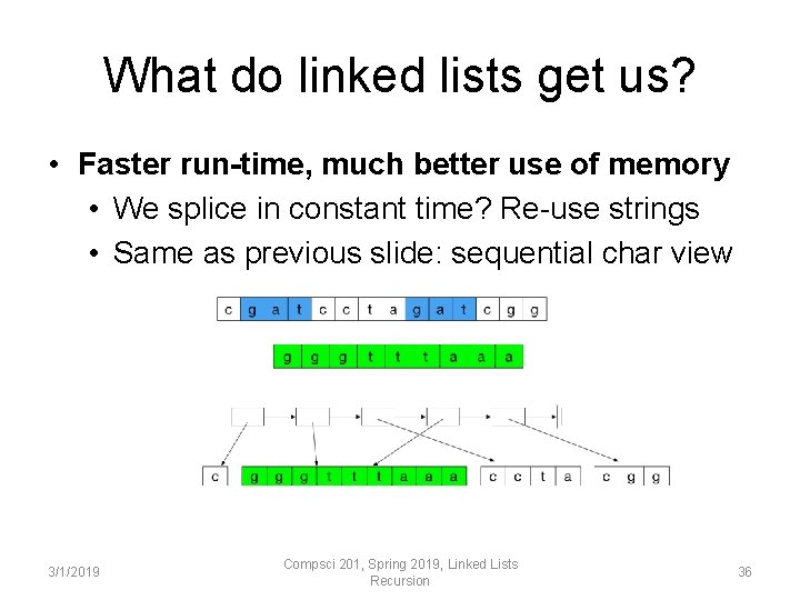 What do linked lists get us? • Faster run-time, much better use of memory What do linked lists get us? • Faster run-time, much better use of memory
