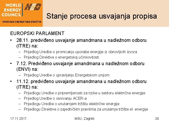 Stanje procesa usvajanja propisa EUROPSKI PARLAMENT • 28. 11. predviđeno usvajanje amandmana u nadležnom