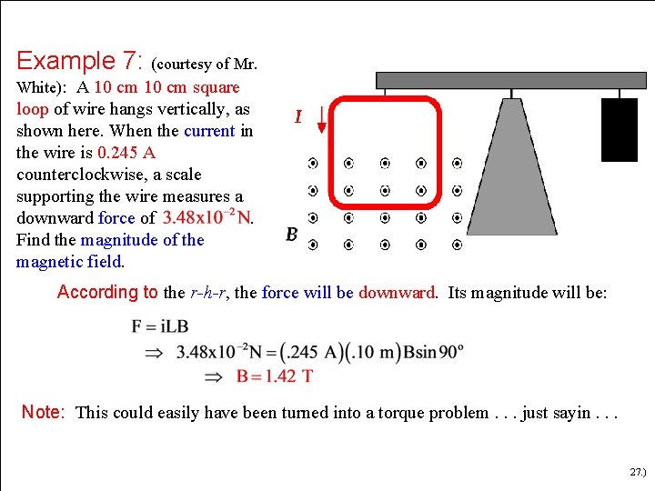 Example 7: (courtesy of Mr. White): A 10 cm square loop of wire hangs