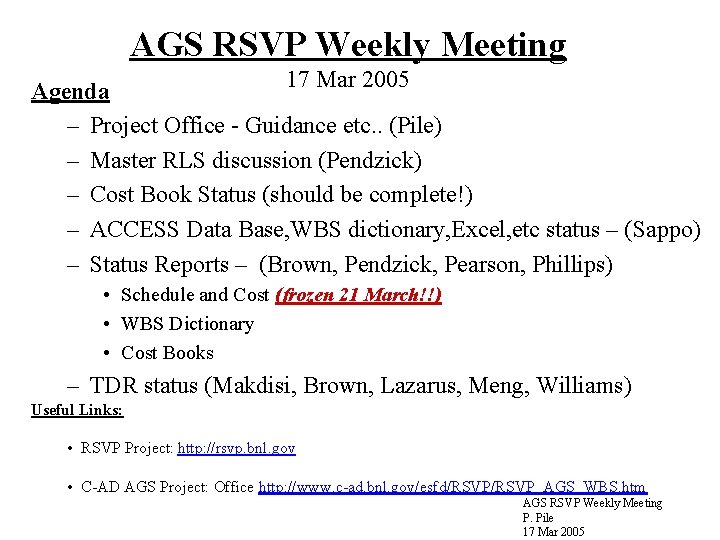 AGS RSVP Weekly Meeting 17 Mar 2005 Agenda – Project Office - Guidance etc.