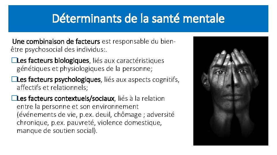 Déterminants de la santé mentale Une combinaison de facteurs est responsable du bien- être