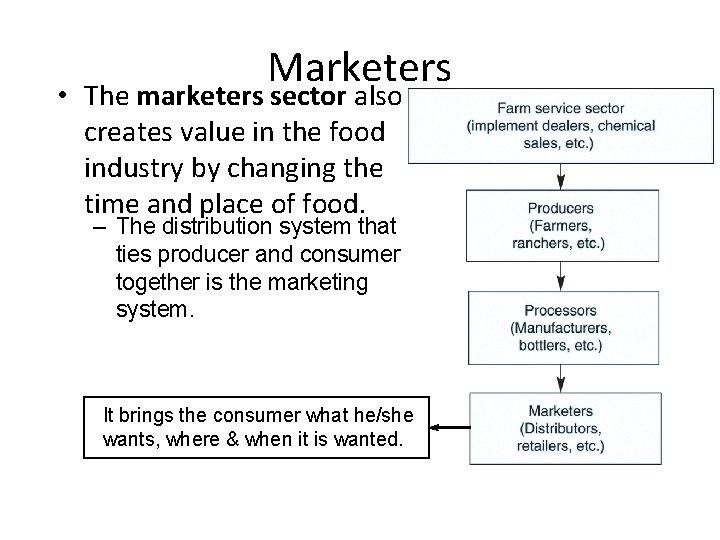 Marketers • The marketers sector also creates value in the food industry by changing