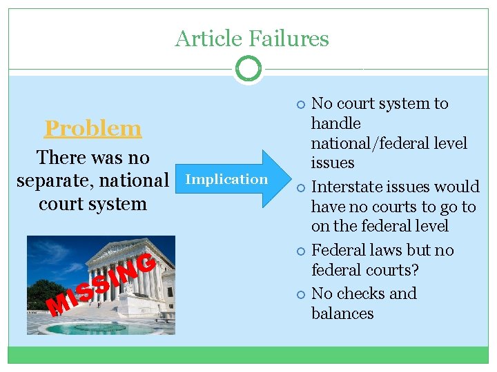 Article Failures No court system to handle national/federal level issues Interstate issues would have