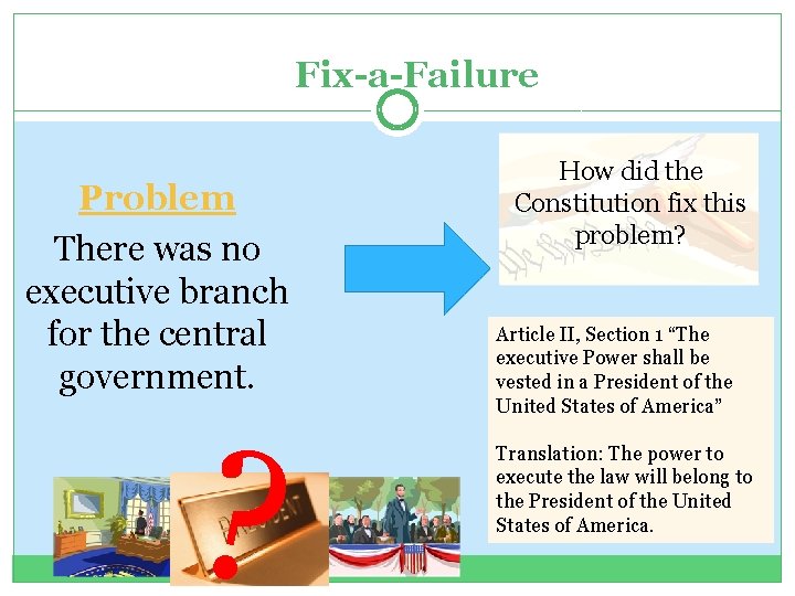 Fix-a-Failure Problem There was no executive branch for the central government. ? How did