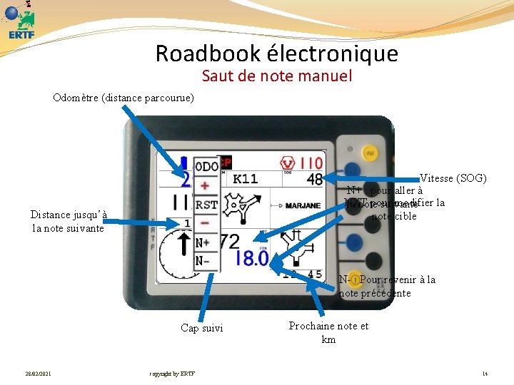 Roadbook électronique Saut de note manuel Odomètre (distance parcourue) Vitesse (SOG) N+ : pour