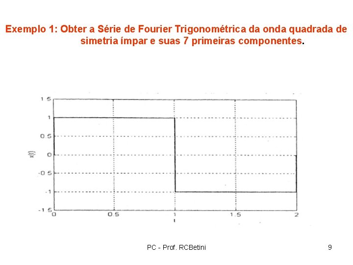 Exemplo 1: Obter a Série de Fourier Trigonométrica da onda quadrada de simetria ímpar