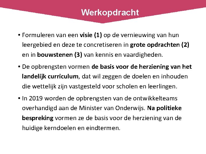 Werkopdracht • Formuleren van een visie (1) op de vernieuwing van hun leergebied en