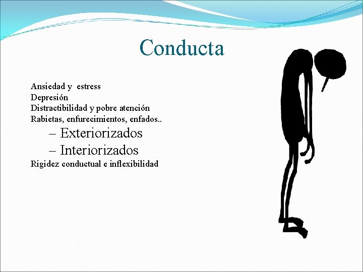 Conducta Ansiedad y estress Depresión Distractibilidad y pobre atención Rabietas, enfurecimientos, enfados. . –
