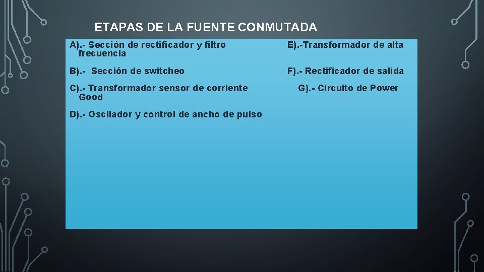 ETAPAS DE LA FUENTE CONMUTADA A). - Sección de rectificador A y filtro frecuencia