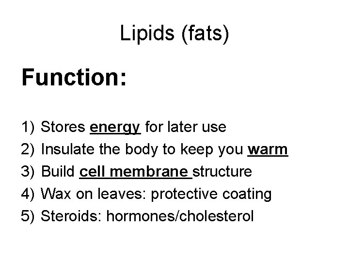 Lipids (fats) Function: 1) 2) 3) 4) 5) Stores energy for later use Insulate