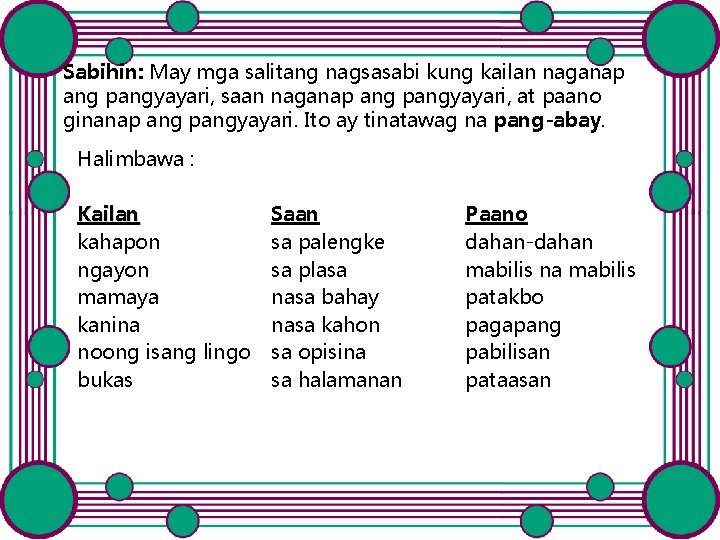 Sabihin: May mga salitang nagsasabi kung kailan naganap ang pangyayari, saan naganap ang pangyayari, Sabihin: May mga salitang nagsasabi kung kailan naganap ang pangyayari, saan naganap ang pangyayari,