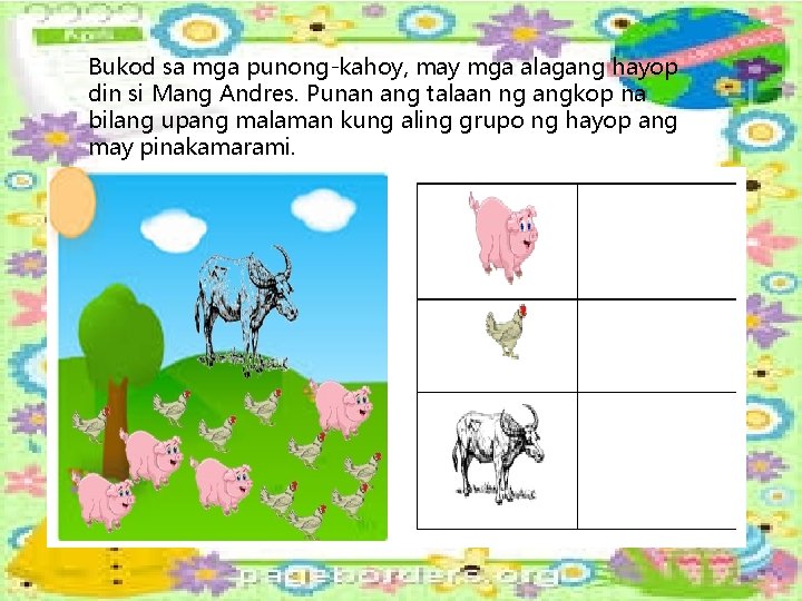 Bukod sa mga punong-kahoy, may mga alagang hayop din si Mang Andres. Punan ang Bukod sa mga punong-kahoy, may mga alagang hayop din si Mang Andres. Punan ang