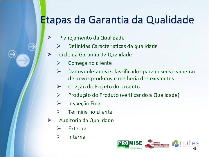 Etapas da Garantia da Qualidade Planejamento da Qualidade Ø Definidas Caracteristicas da qualidade Ø