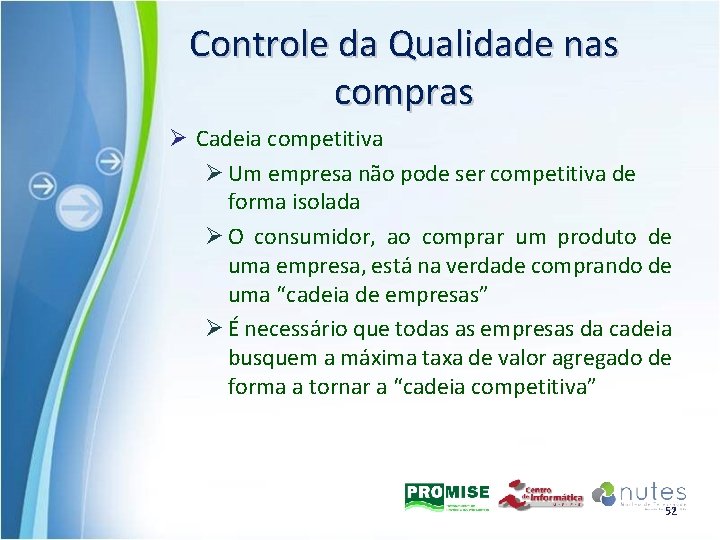 Controle da Qualidade nas compras Ø Cadeia competitiva Ø Um empresa não pode ser