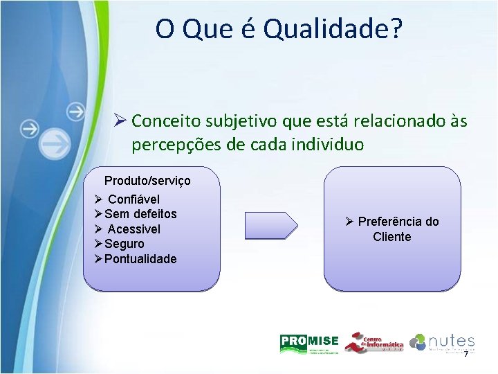 O Que é Qualidade? Ø Conceito subjetivo que está relacionado às percepções de cada