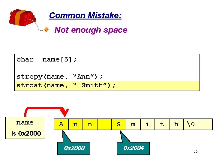 Common Mistake: Not enough space char name[5]; strcpy(name, “Ann”); strcat(name, “ Smith”); name A