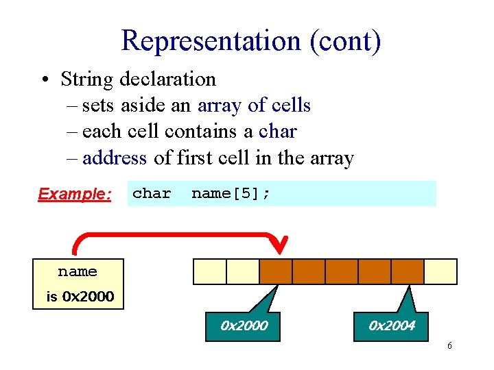 Representation (cont) • String declaration – sets aside an array of cells – each