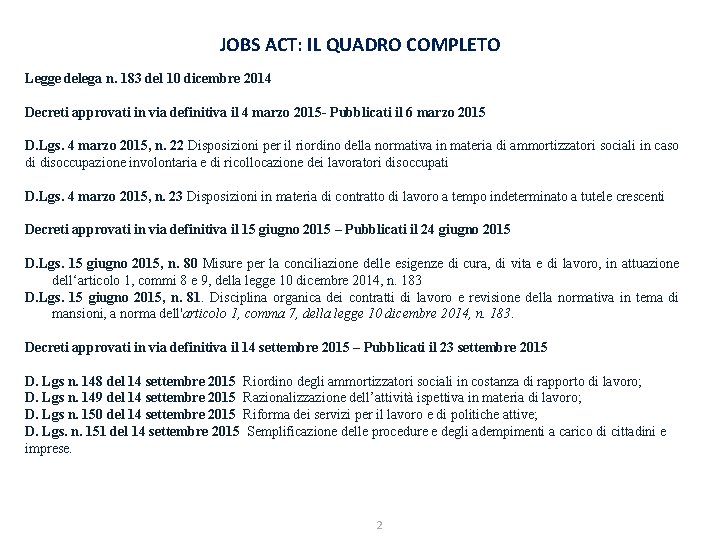 JOBS ACT: IL QUADRO COMPLETO Legge delega n. 183 del 10 dicembre 2014 Decreti