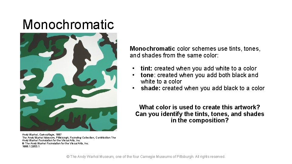 Monochromatic color schemes use tints, tones, and shades from the same color: • •