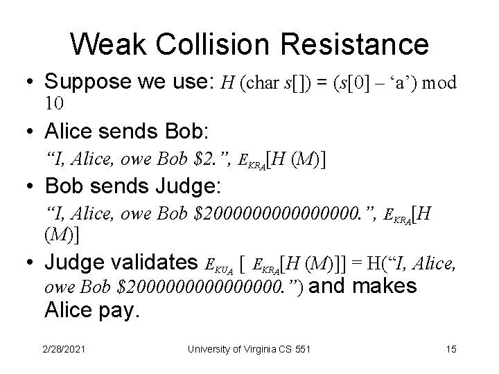 Weak Collision Resistance • Suppose we use: H (char s[]) = (s[0] – ‘a’)