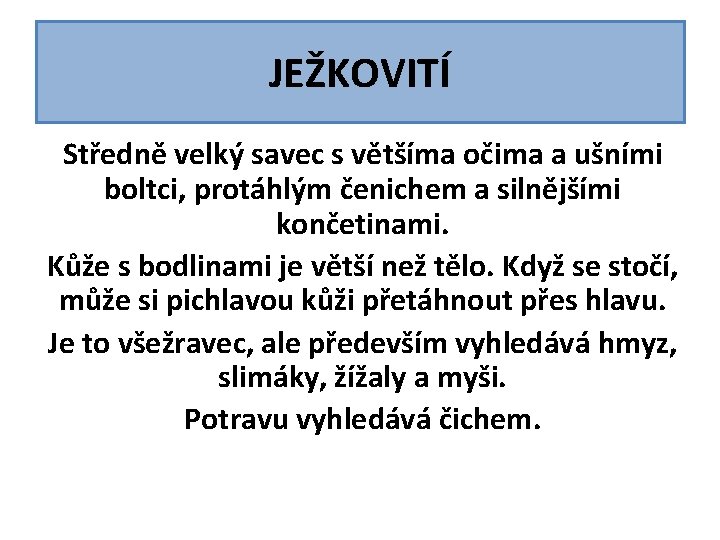 JEŽKOVITÍ Středně velký savec s většíma očima a ušními boltci, protáhlým čenichem a silnějšími JEŽKOVITÍ Středně velký savec s většíma očima a ušními boltci, protáhlým čenichem a silnějšími