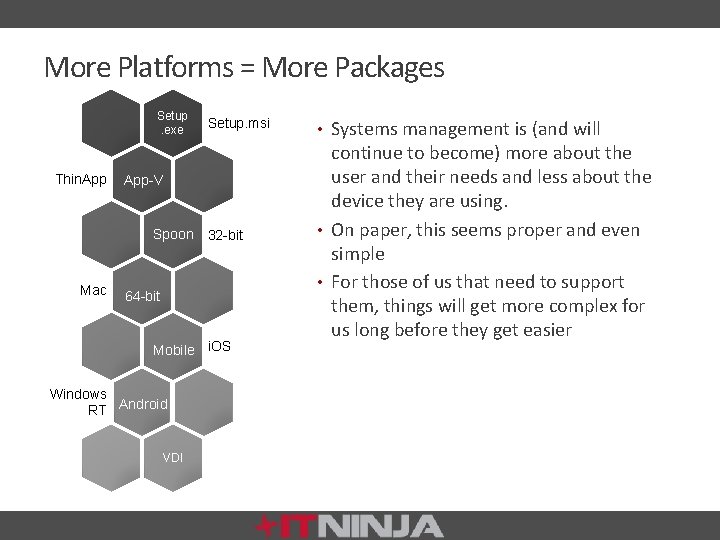 More Platforms = More Packages Setup. exe Thin. App Setup. msi App-V Spoon 32