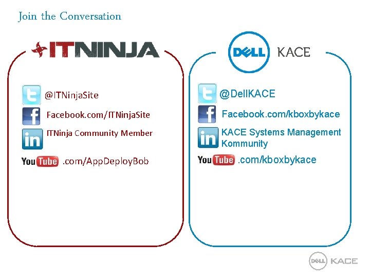 Join the Conversation @ITNinja. Site @Dell. KACE Facebook. com/ITNinja. Site Facebook. com/kboxbykace ITNinja Community