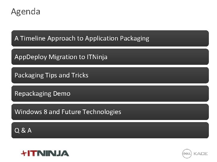 Agenda A Timeline Approach to Application Packaging App. Deploy Migration to ITNinja Packaging Tips