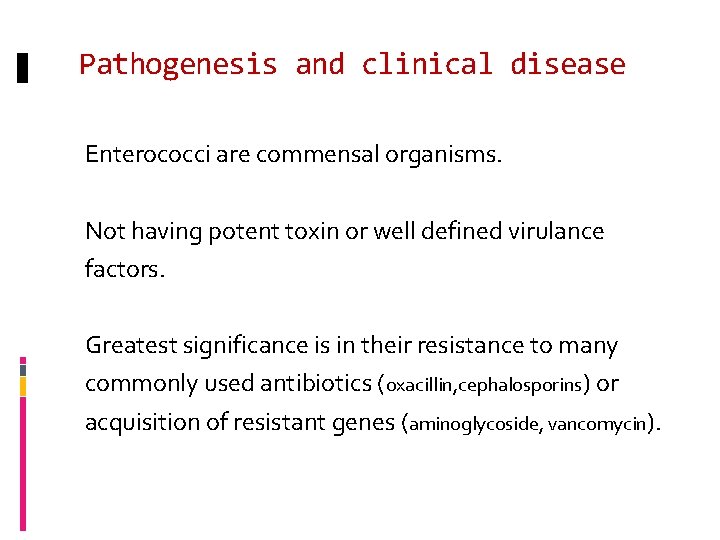 Pathogenesis and clinical disease Enterococci are commensal organisms. Not having potent toxin or well