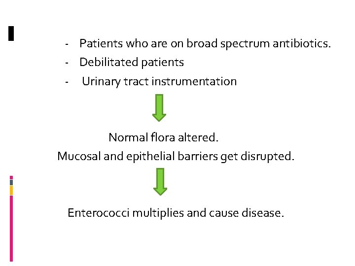 - Patients who are on broad spectrum antibiotics. - Debilitated patients - Urinary tract