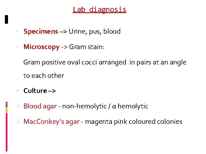 Lab diagnosis Specimens –> Urine, pus, blood Microscopy -> Gram stain: Gram positive oval