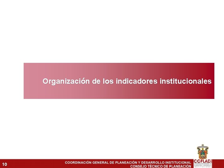 Organización de los indicadores institucionales 10 