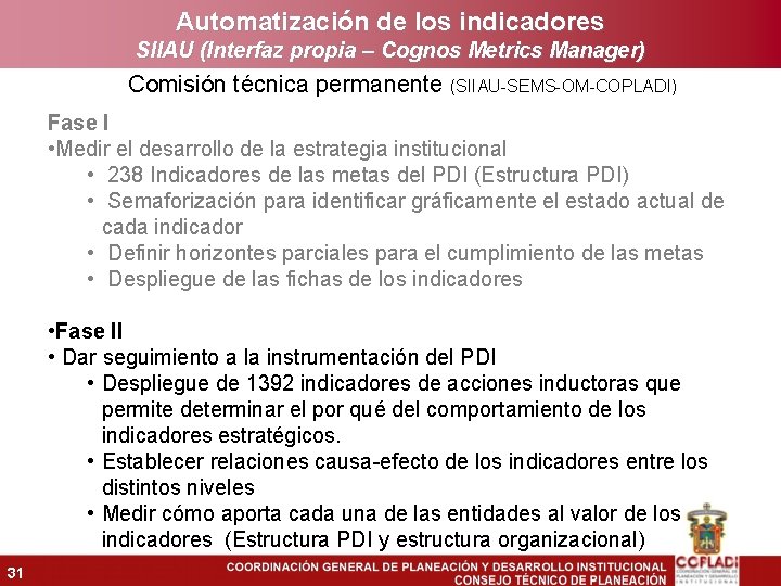 Automatización de los indicadores SIIAU (Interfaz propia – Cognos Metrics Manager) Comisión técnica permanente