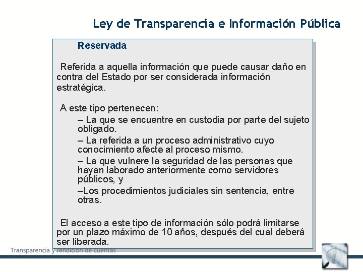 Ley de Transparencia e Información Pública Reservada Referida a aquella información que puede causar