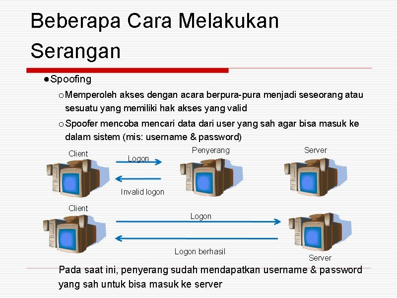 Beberapa Cara Melakukan Serangan ● Spoofing o Memperoleh akses dengan acara berpura-pura menjadi seseorang