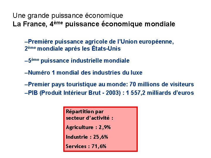 Une grande puissance économique La France, 4ème puissance économique mondiale –Première puissance agricole de