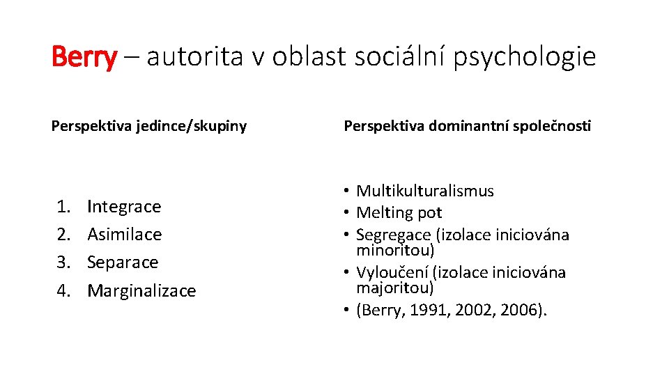 Berry – autorita v oblast sociální psychologie Perspektiva jedince/skupiny 1. 2. 3. 4. Integrace