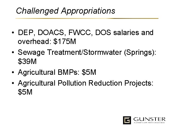 Challenged Appropriations • DEP, DOACS, FWCC, DOS salaries and overhead: $175 M • Sewage