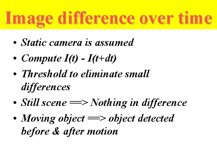 Image difference over time • Static camera is assumed • Compute I(t) - I(t+dt)