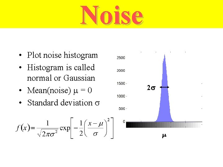 Noise • Plot noise histogram • Histogram is called normal or Gaussian • Mean(noise)