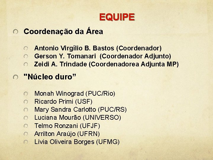 EQUIPE Coordenação da Área Antonio Virgílio B. Bastos (Coordenador) Gerson Y. Tomanari (Coordenador Adjunto)